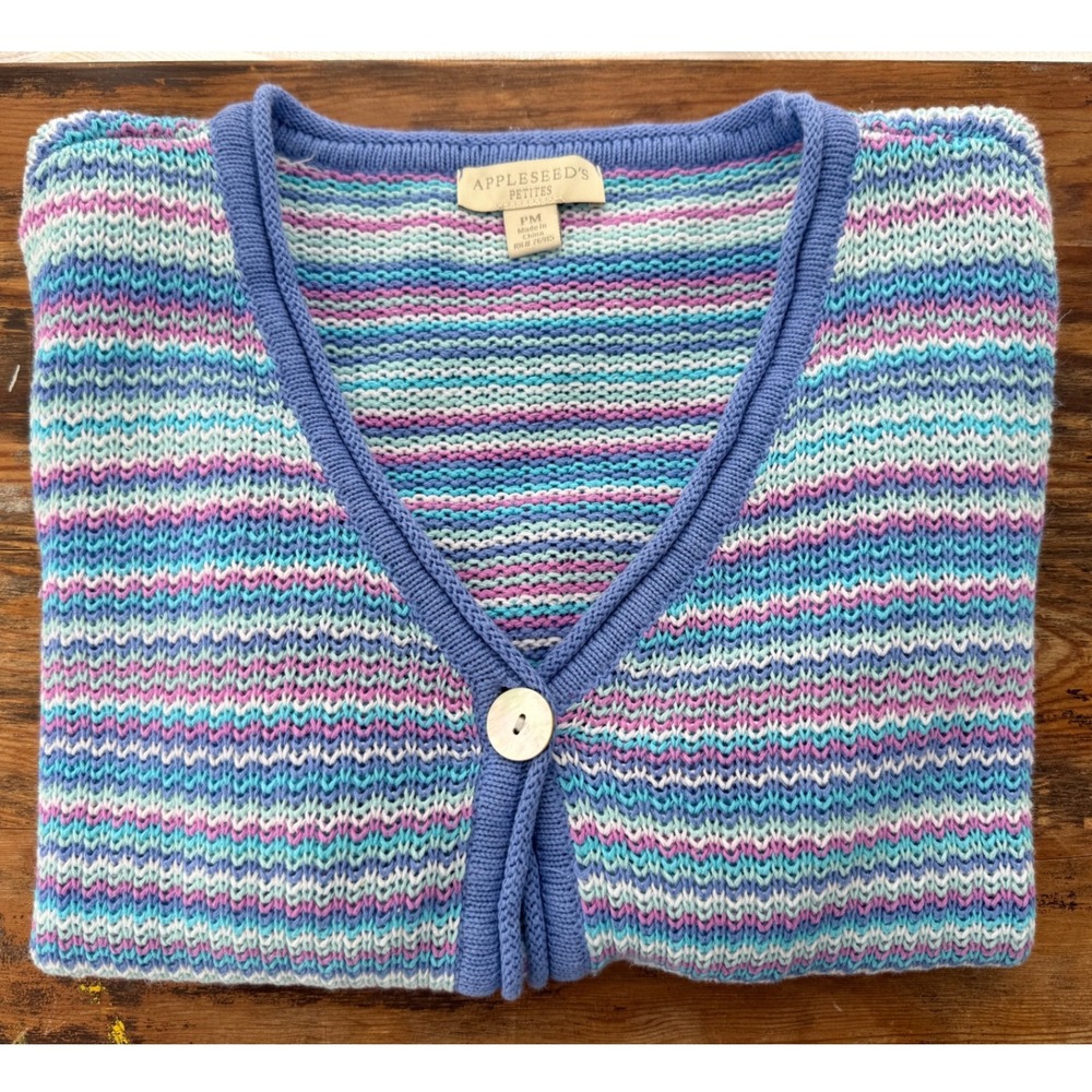 A7 Appleseeds Cardigan Sweater Rainbow Stripe V-Neck‎ Y2K Aesthetic Cotton Linen